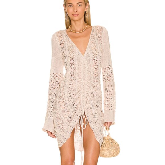 SNDYS Fate Mini Dress in Beige Knit Sheer Long Sleeve Swim Coverup Beach Robe - Picture 1 of 3